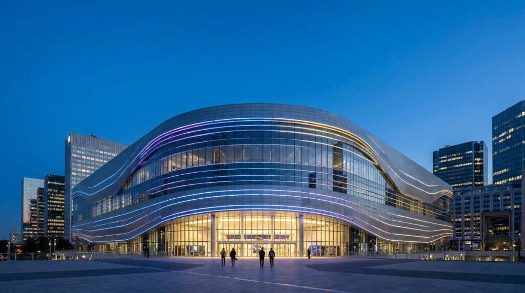 Paris La Défense Arena : tout savoir sur ce lieu mythique Vue extérieure de la Paris La Défense Arena illuminée par des néons bleus au crépuscule.