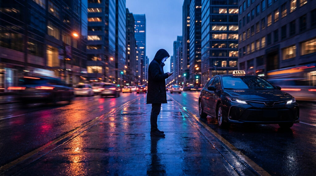 Comment trouver un taxi autour de moi rapidement en 2026 ? Une personne utilisant son smartphone sur une avenue urbaine pluvieuse, un taxi attendant à ses côtés.