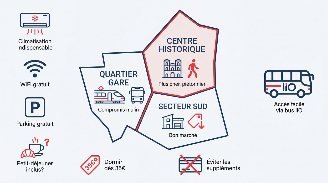 Carte des zones hôtelières et services de transport à Perpignan