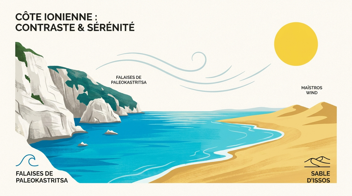 Falaises calcaires et eaux turquoise sur une plage de Corfou