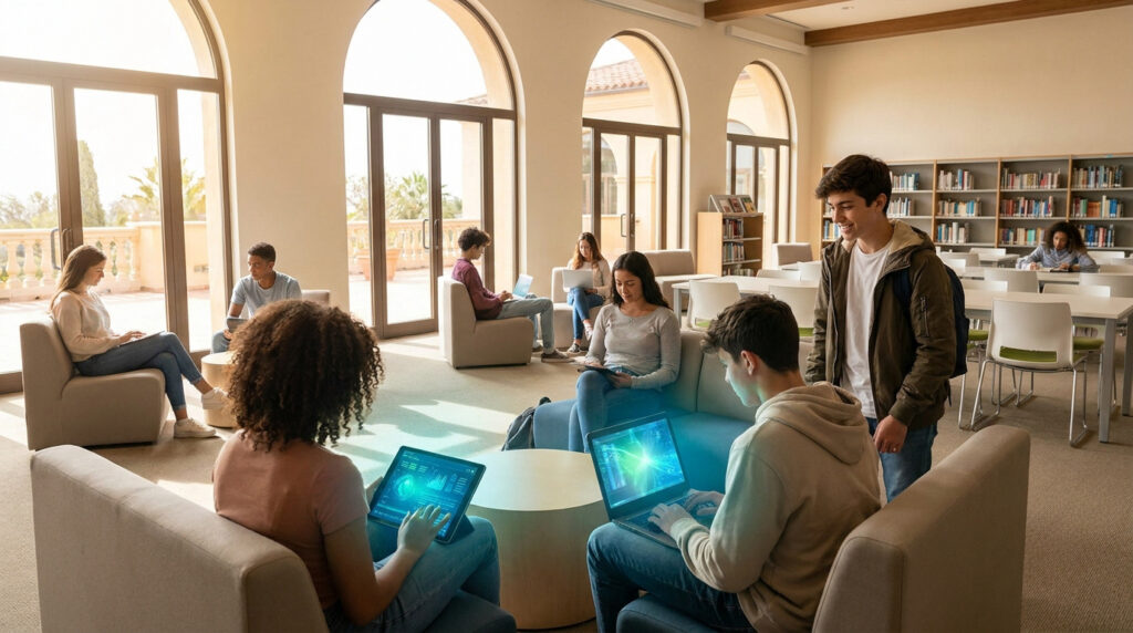 Ton accès à Atrium Sud : le portail pour réussir ton année Groupe d'étudiants travaillant sur des ordinateurs portables et tablettes dans une bibliothèque moderne et lumineuse.