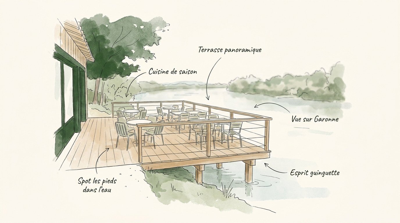 Terrasse de la guinguette Pavillon Garonne avec vue sur le fleuve à Bègles