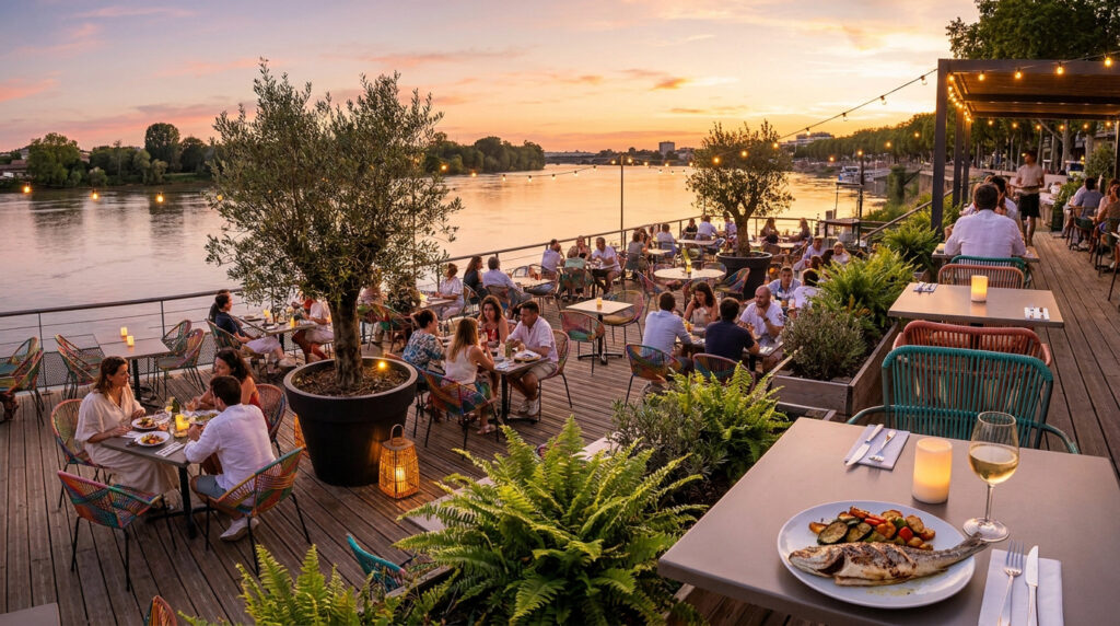 Terrasse d'un restaurant au bord de la Garonne avec des clients dînant sous une guirlande lumineuse au coucher du soleil.