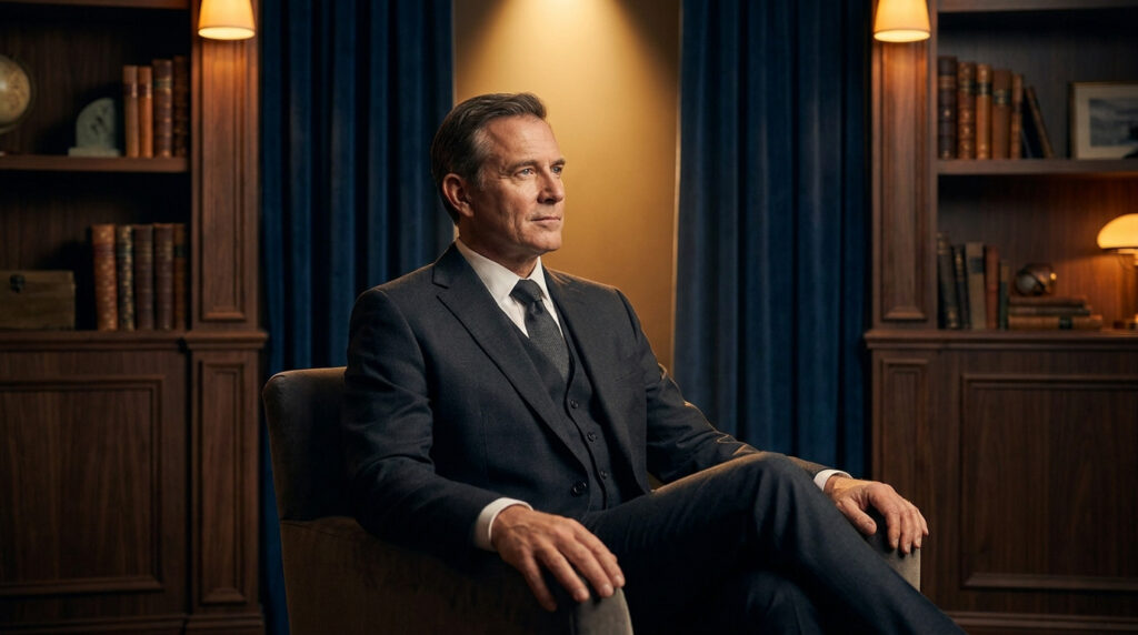 Philippe Magnan : les secrets d’un acteur de pouvoir unique Portrait de Philippe Magnan assis dans un fauteuil, vêtu d'un costume sombre, dans un bureau à la bibliothèque classique.