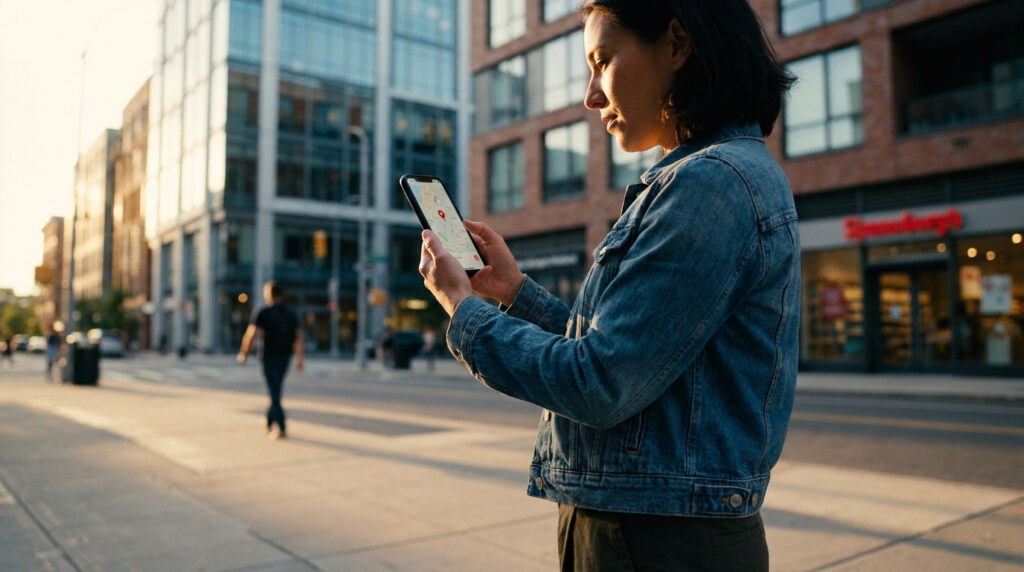 Comment trouver un tabac ouvert près de toi en 2026 ? Une femme consulte une application de géolocalisation sur son téléphone en marchant dans une rue citadine.