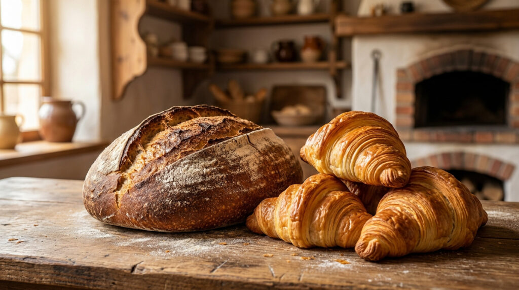 La meilleure boulangerie autour de moi pour du pain frais Une miche de pain au levain croustillante et trois croissants dorés sur une table en bois dans une boulangerie rustique.