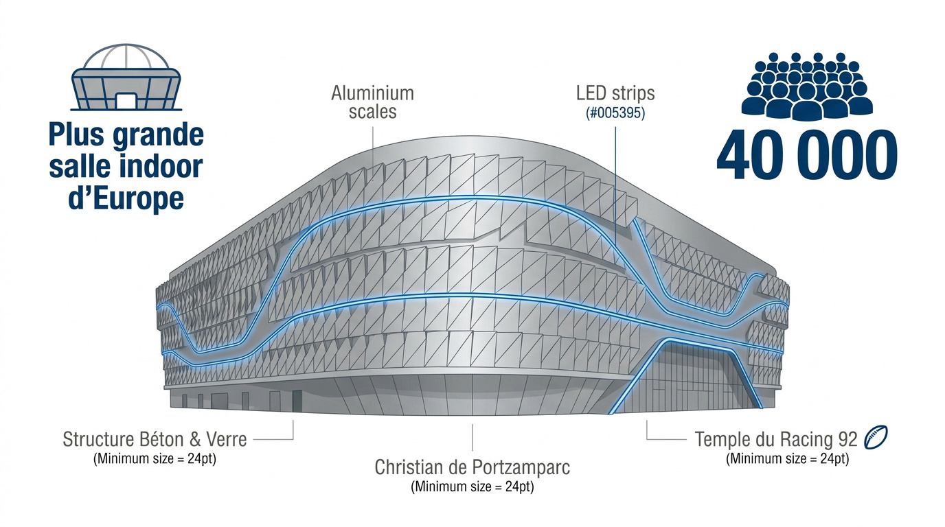 Vue extérieure de la Paris La Défense Arena avec ses écailles lumineuses