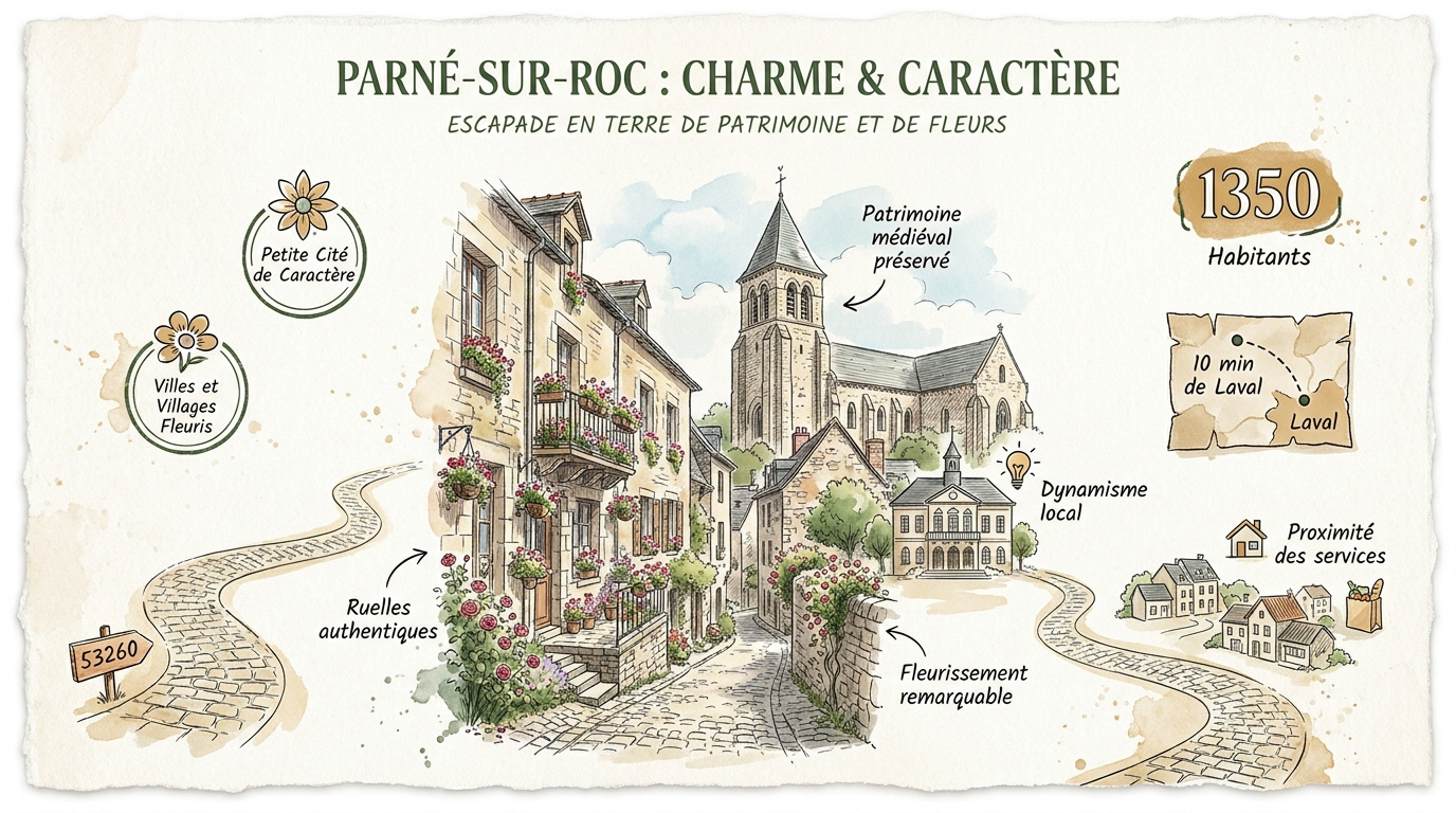 Patrimoine médiéval et fleurs à Parné-sur-Roc