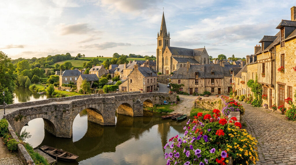 Découvre Parné-sur-Roc, la perle médiévale de la Mayenne Vue pittoresque de Parné-sur-Roc avec son pont en pierre, sa rivière et son église sous une lumière dorée.