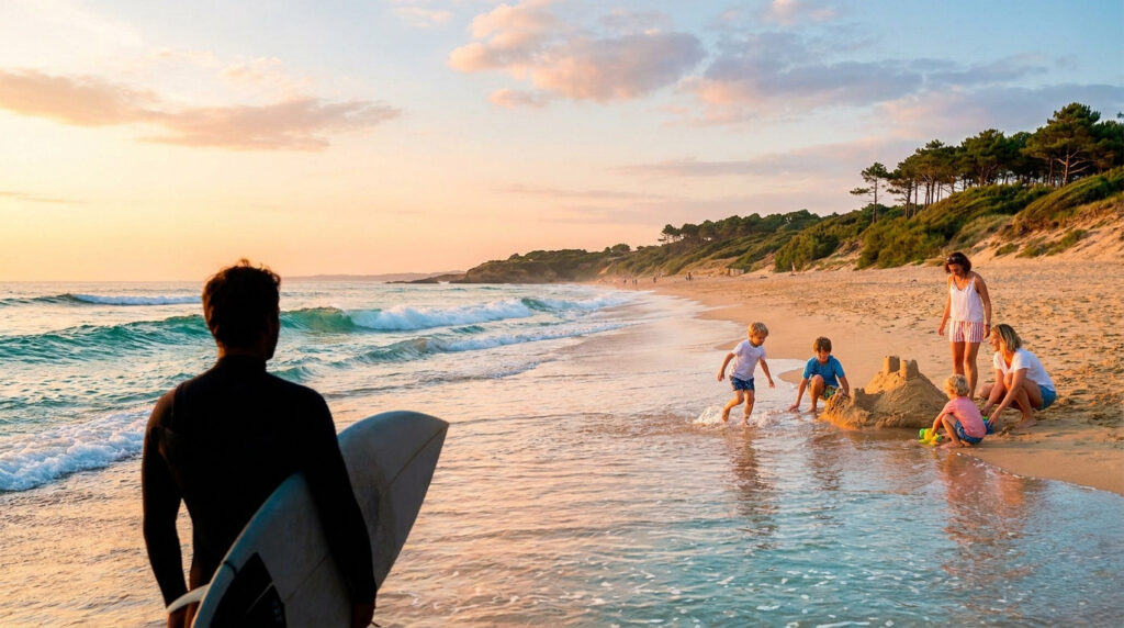 Plage à Anglet : ton guide pour bien profiter du littoral Un surfeur regarde sa famille jouer dans le sable et construire un château sur une plage d'Anglet au coucher du soleil.