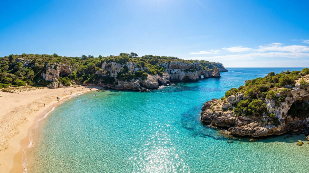 Où trouver la plus belle plage à Corfou pour tes vacances Une crique sauvage aux eaux turquoise entourée de falaises rocheuses et de verdure sous un ciel bleu éclatant.