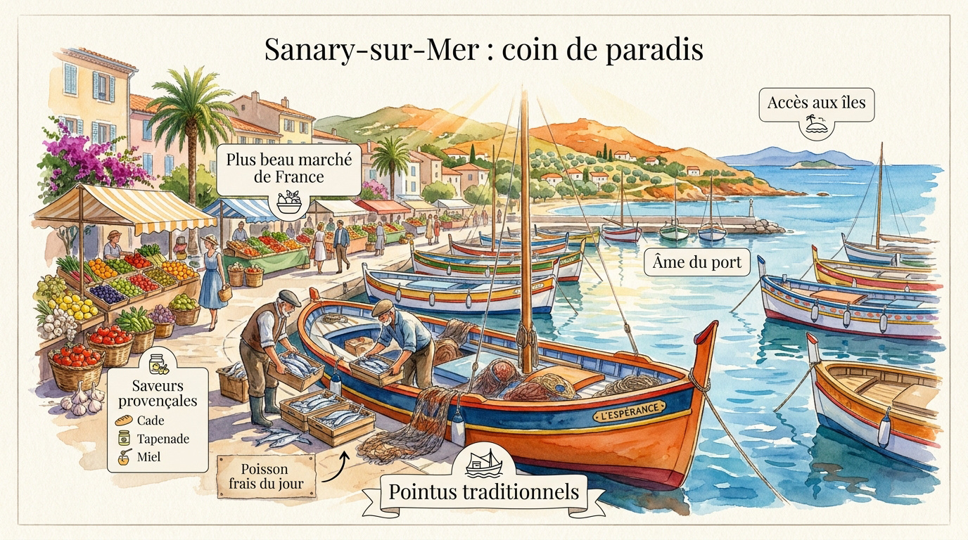 Vue panoramique du port de Sanary-sur-Mer avec ses bateaux traditionnels colorés