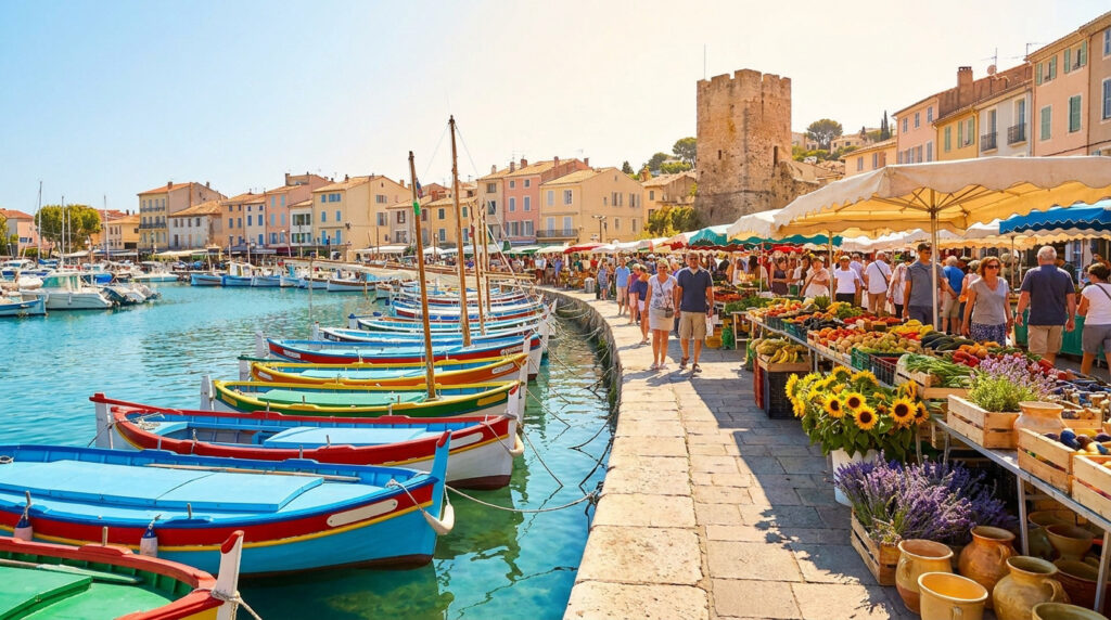 Sanary-sur-Mer : pointus, grand marché et secrets d’exil Pointus colorés amarrés au port de Sanary-sur-Mer devant un marché animé avec des fleurs et des étals de produits.