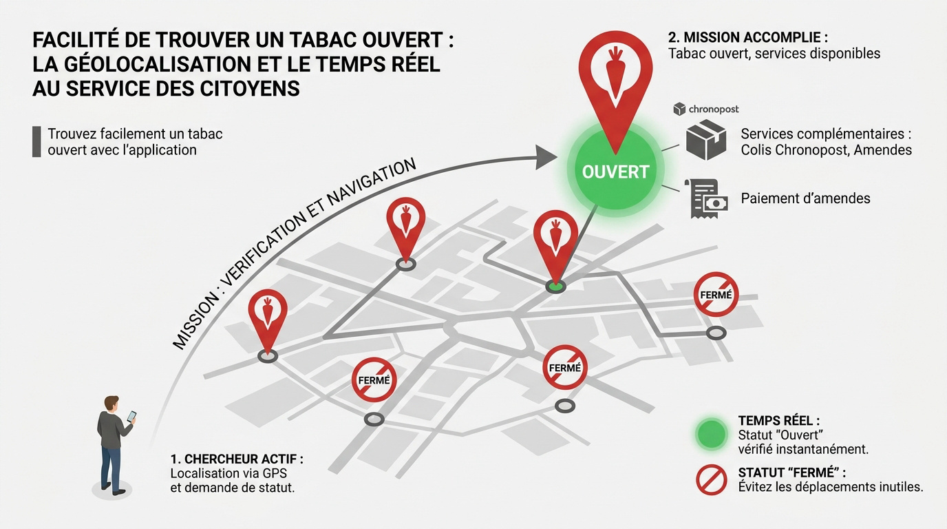 Interface mobile affichant la géolocalisation d'un bureau de tabac ouvert en temps réel