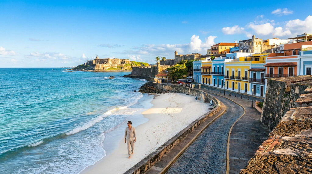 Porto rico : tout savoir sur ce territoire américain unique Un homme marche sur une plage de sable blanc près des fortifications historiques et des maisons colorées de San Juan.