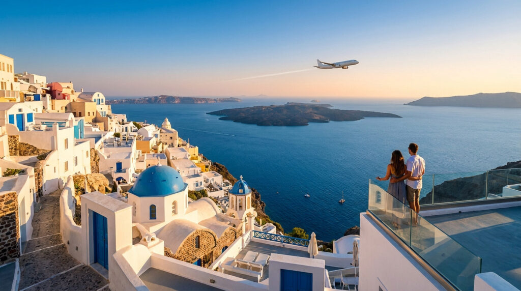 Vol Paris Grèce : ton guide pour des billets moins chers Un couple admirant la vue sur les maisons blanches et bleues de Santorin avec un avion volant au-dessus de la mer.