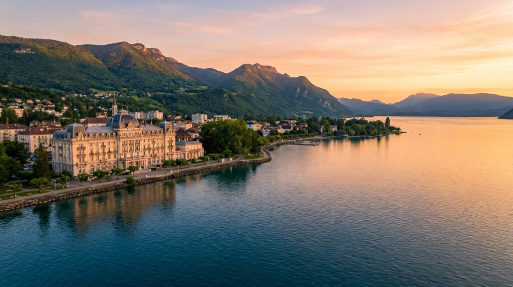Aix-les-Bains : ton escapade entre lac et montagnes Vue aérienne du Grand Hôtel et des montagnes d'Aix-les-Bains au coucher du soleil au bord du lac du Bourget.
