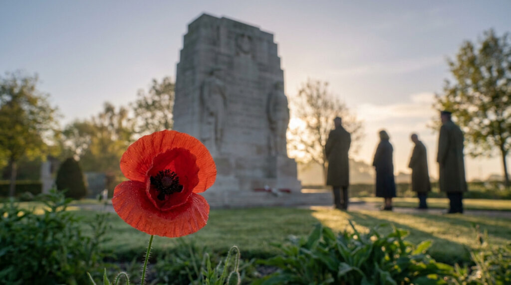 11 novembre : comprendre ce jour férié et son histoire Un coquelicot rouge au premier plan, avec en arrière-plan un monument aux morts et des personnes en recueillement.