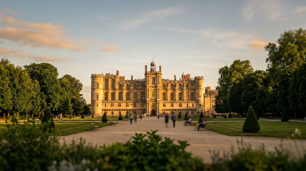 Saint-Germain-en-Laye : ton immersion dans la cité royale Vue frontale du Château de Saint-Germain-en-Laye avec ses jardins, ses allées et des visiteurs sous une lumière dorée.