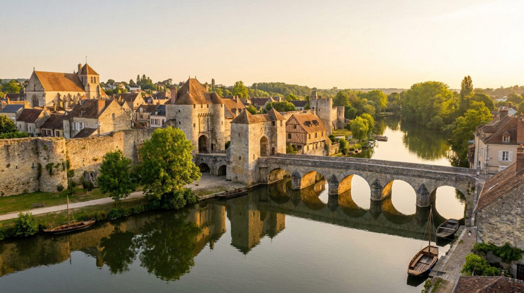 Évade-tu à Moret-sur-Loing, la cité médiévale et royale Vue panoramique de Moret-sur-Loing, son pont médiéval, ses remparts et la rivière Loing sous une lumière dorée.