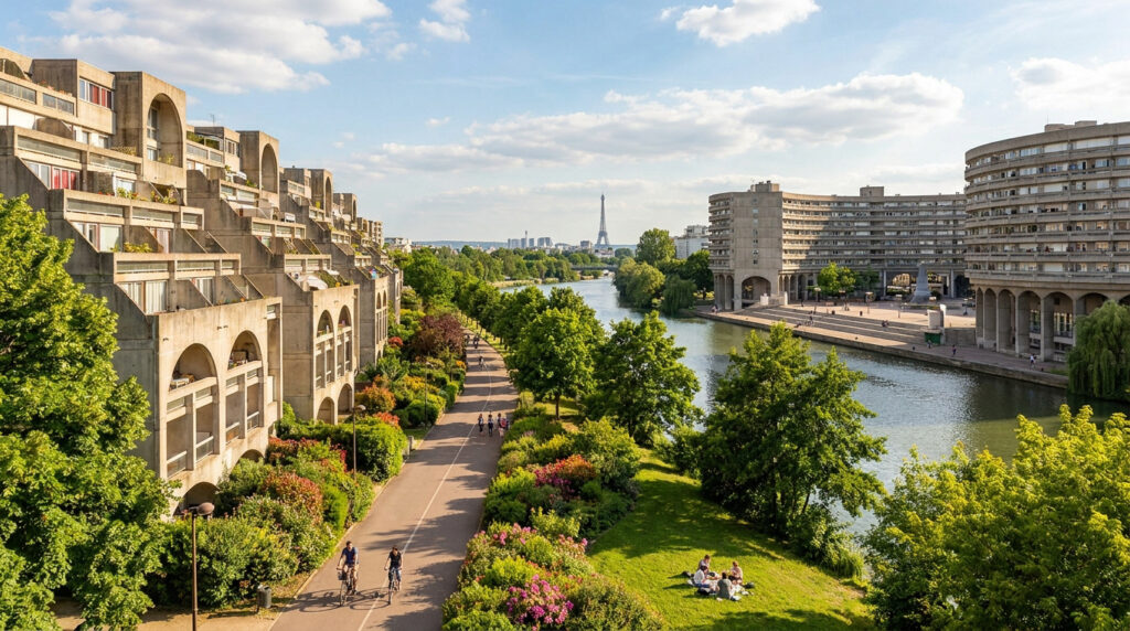 Découvre Noisy-le-Grand : ton guide entre ville et nature Vue panoramique des Espaces d'Abraxas à Noisy-le-Grand avec la Seine et la tour Eiffel en arrière-plan.