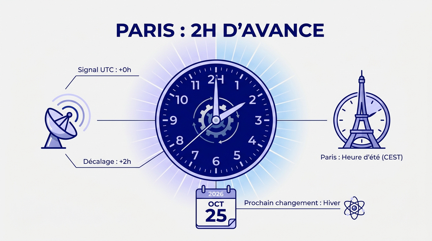 Horloge indiquant l'heure actuelle à Paris avec décalage UTC+2