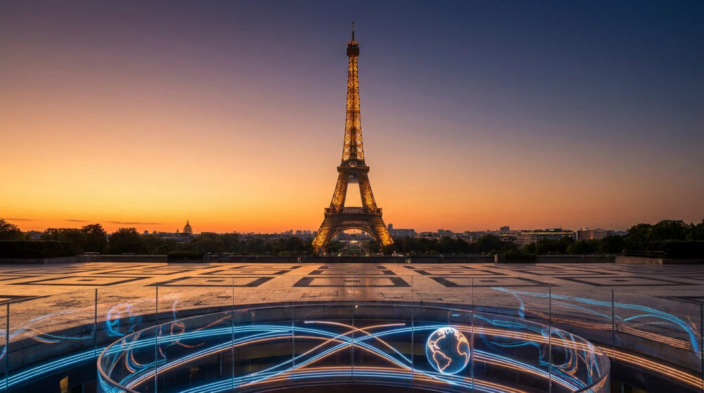 Heure à Paris : tout comprendre sur le temps légal en 2026 La Tour Eiffel illuminée au crépuscule vue depuis le Trocadéro avec une installation lumineuse circulaire au premier plan.